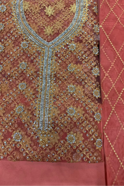 1050 Gold Embroidered 4pc Net Suit with Diamante & Pearls
