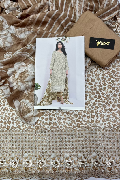 Textile with floral patterns and a model wearing a dress on a white card, with 'yeson' branding.