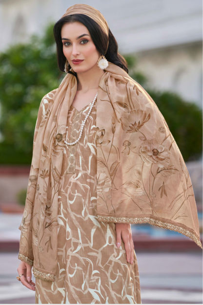 Woman in a beige traditional outfit with a building in the background