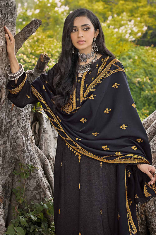 A woman wearing a black traditional salwar kameez suit with embroidered gold details, posing outdoors.