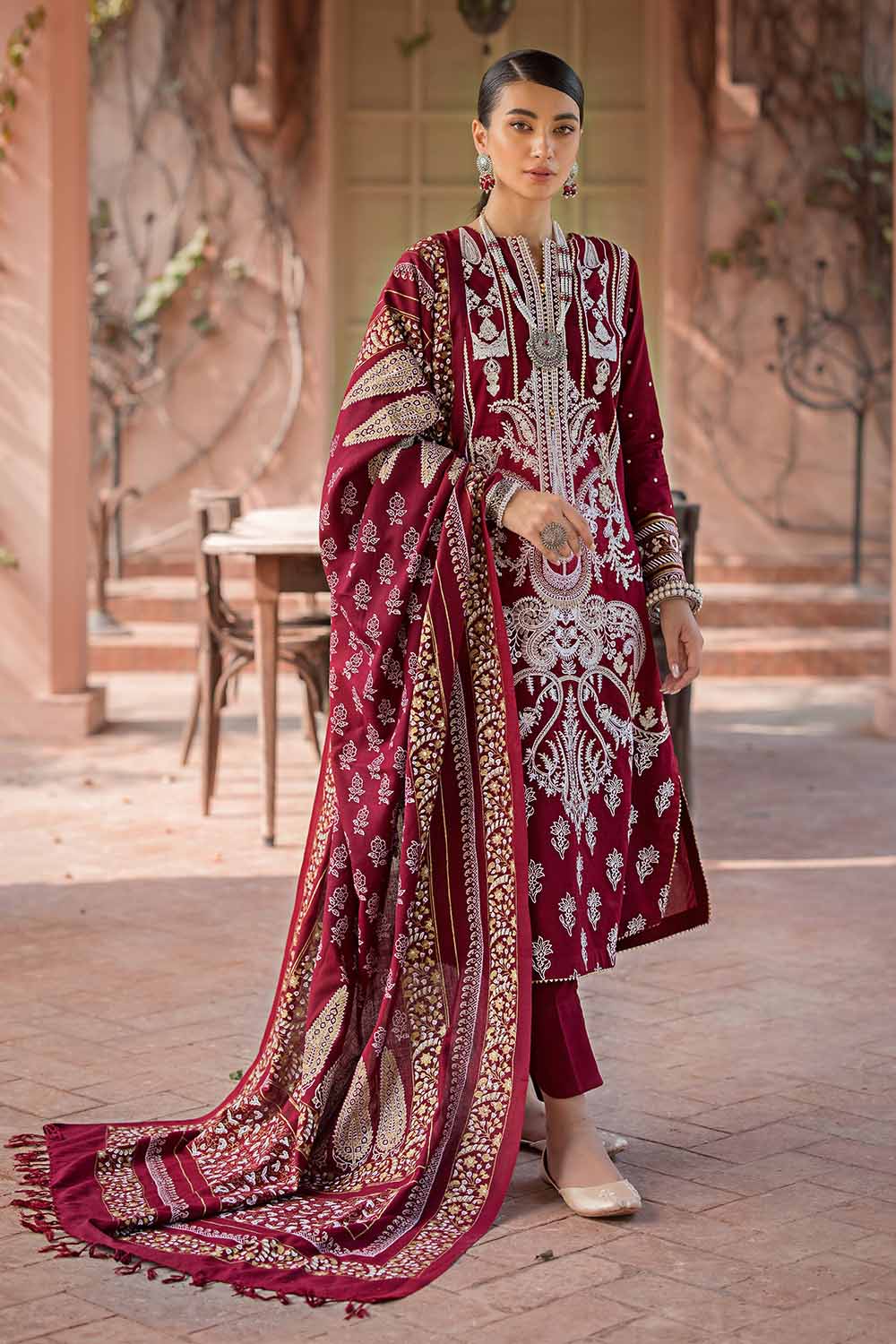 Unstitched Gold & Lacquer Printed Pashmina Salwar Kameez Suit Gul Ahmed AP-32074