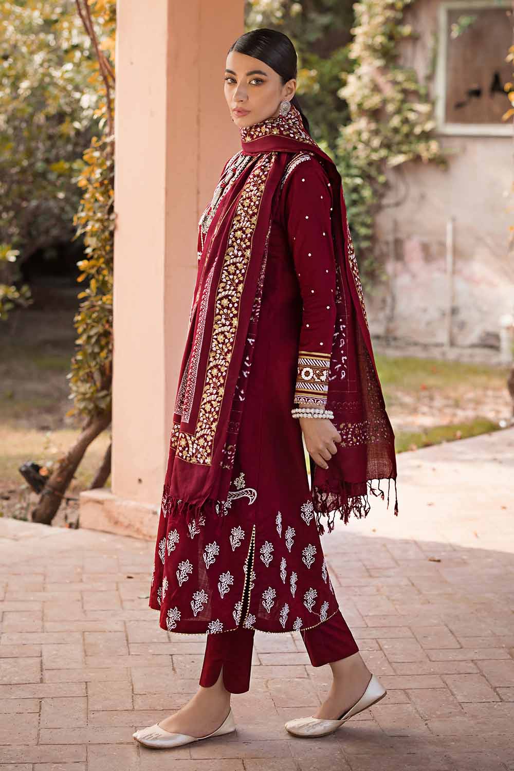 Unstitched Gold & Lacquer Printed Pashmina Salwar Kameez Suit Gul Ahmed AP-32074