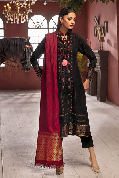 A woman wearing a red and black traditional salwar kameez suit with a pashmina dupatta and a jacquard shirt, standing in a room with a horse in the background.